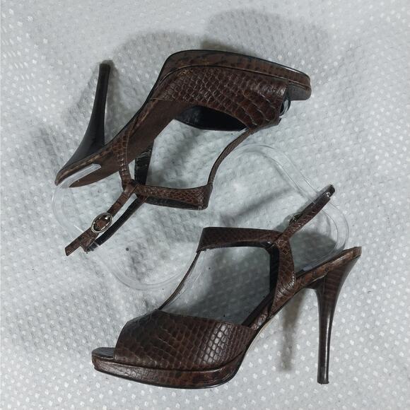 NINE WEST! ESPRESSO BROWN GENUINE LEATHER, T BAR LIZARD IMPRINT HEELS! SZ 7M - Picture 7 of 12